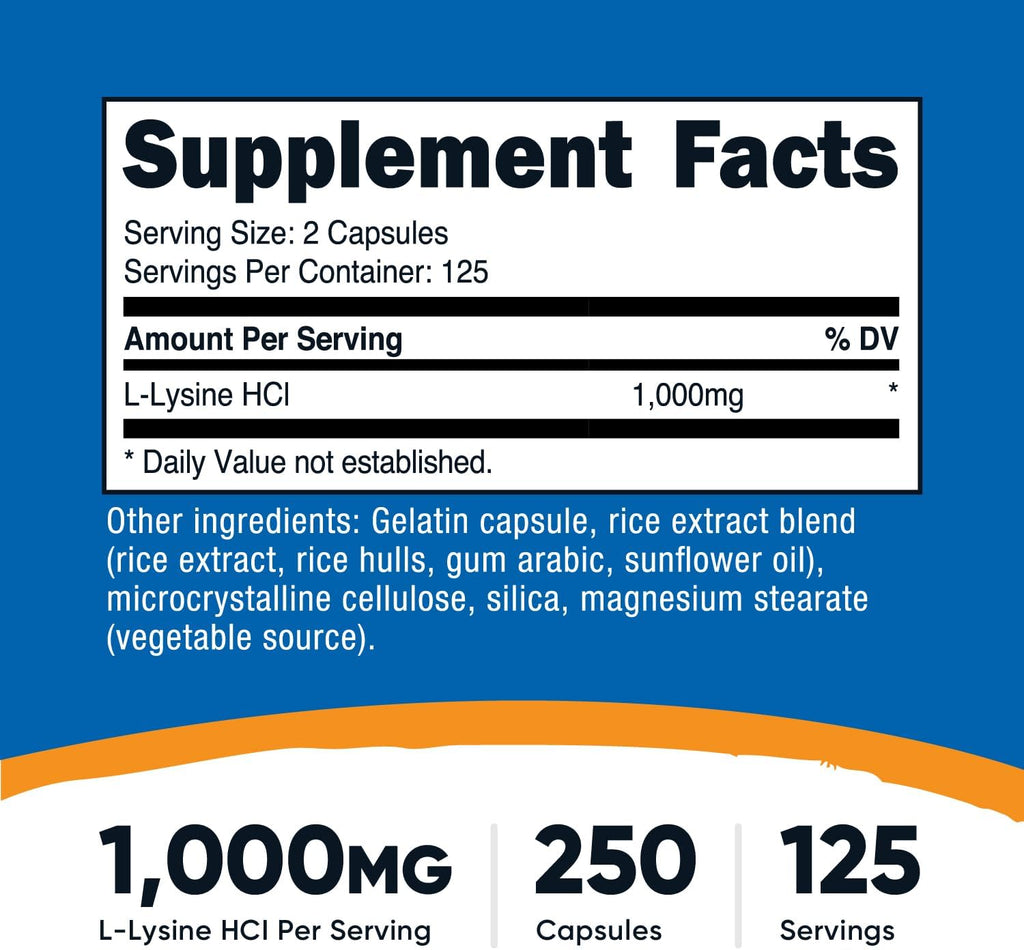 Nutricost L-Lisina 1000mg, 250 Cápsulas - 500mg por Cápsula