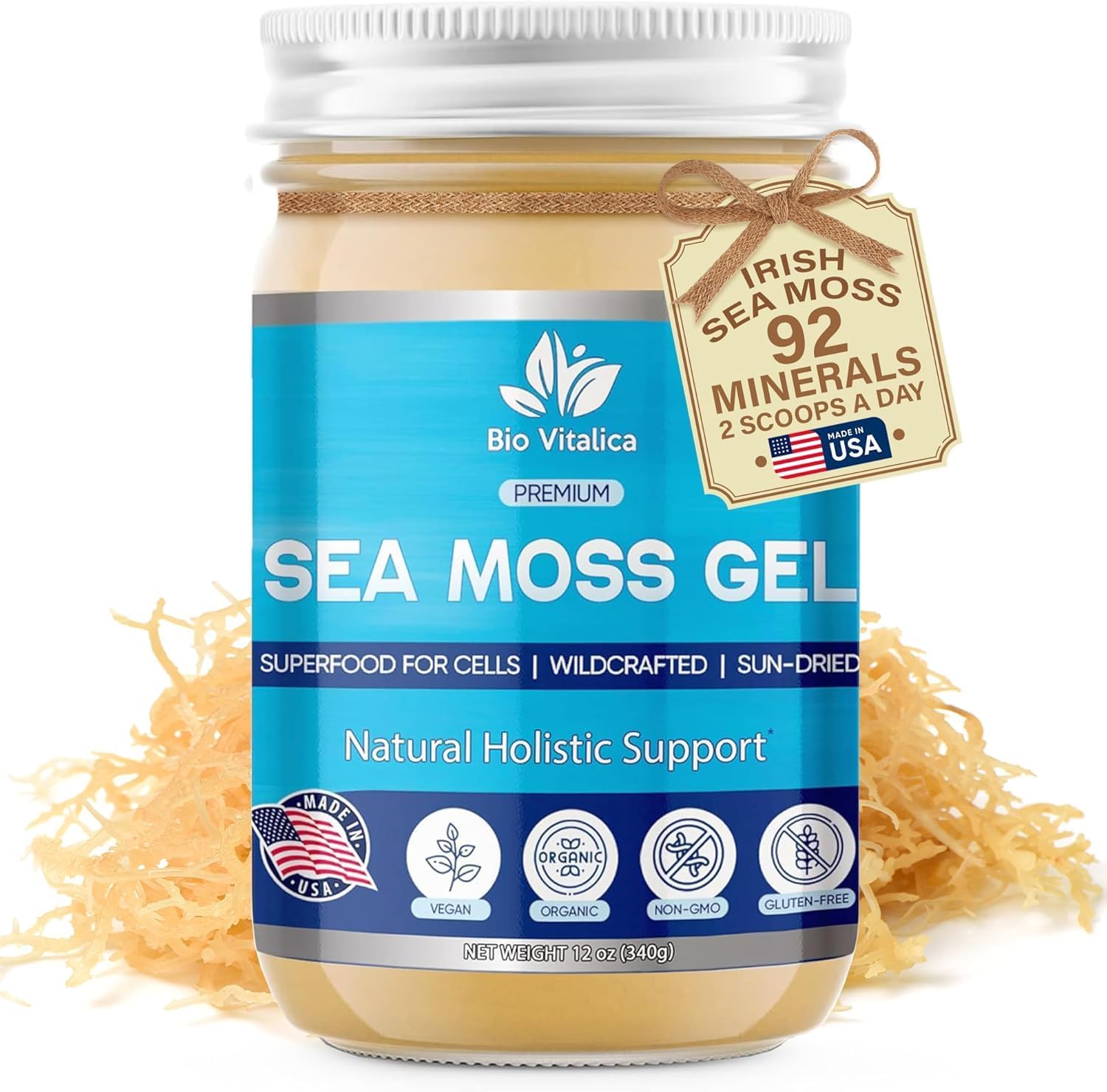 BioVitalica Gel de Musgo de Mar Irlandés Orgánico 340g - Seamoss Silvestre con Iodo, Bladderwrack y Bardana
