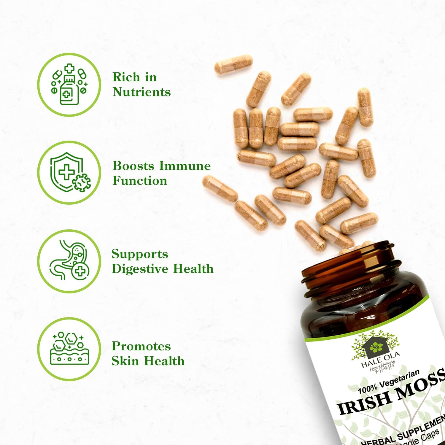 Cápsulas de Musgo Marino (Irish Sea Moss) - 450mg por dosis - Suplemento Vegano - Hale Ola
