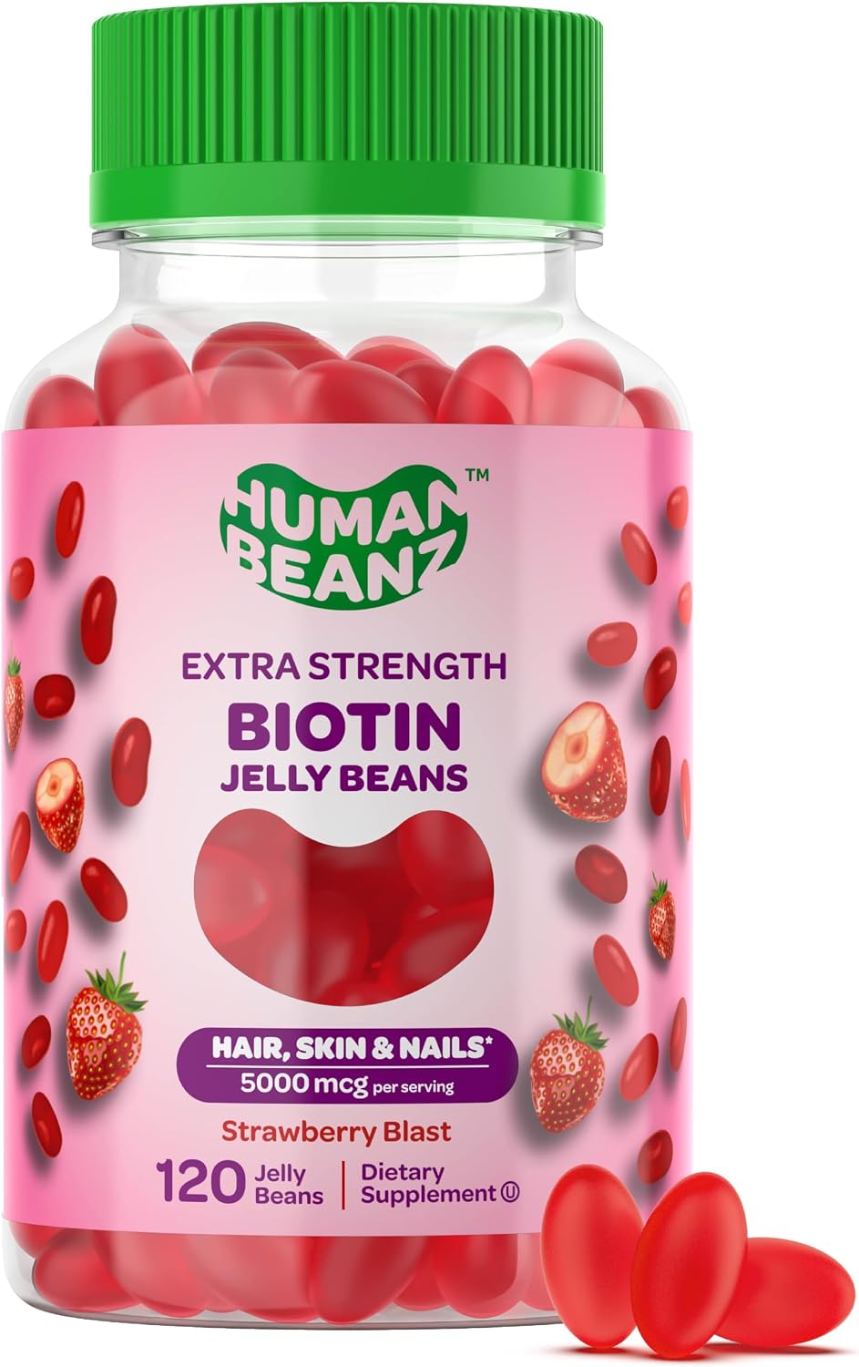 Human Beanz Biotina Gominolas Jelly Bean, 5000mcg, 120 unidades - Sabor Fresa