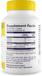 Healthy Origins Vitamina E, 1.000 UI (Natural) Tocoferoles Mixtos - 60 Cápsulas Blandas