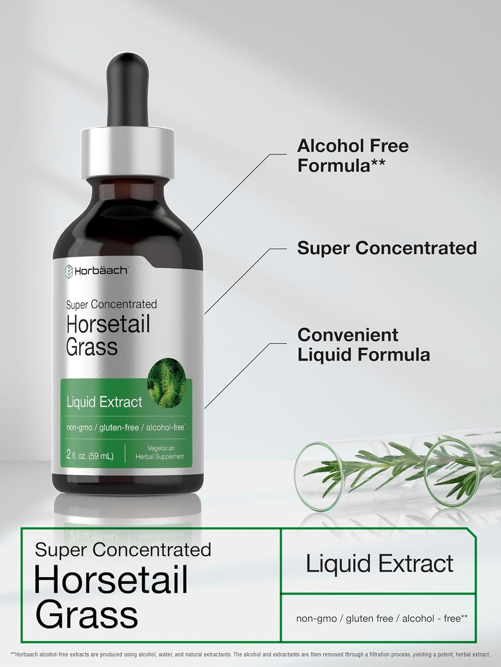 Horbäach Extracto Líquido de Cola de Caballo | Sin Alcohol | 2 fl oz | Vegano, No-GMO y Sin Gluten
