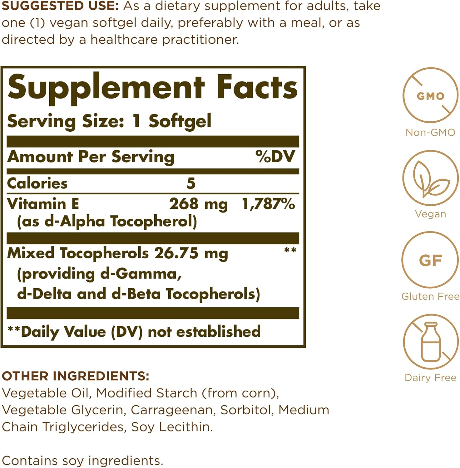 Solgar Vitamin E 268 mg (400 IU) - 100 Vegan Softgels - Natural Source - Non-GMO, Gluten-Free - 100 Servings