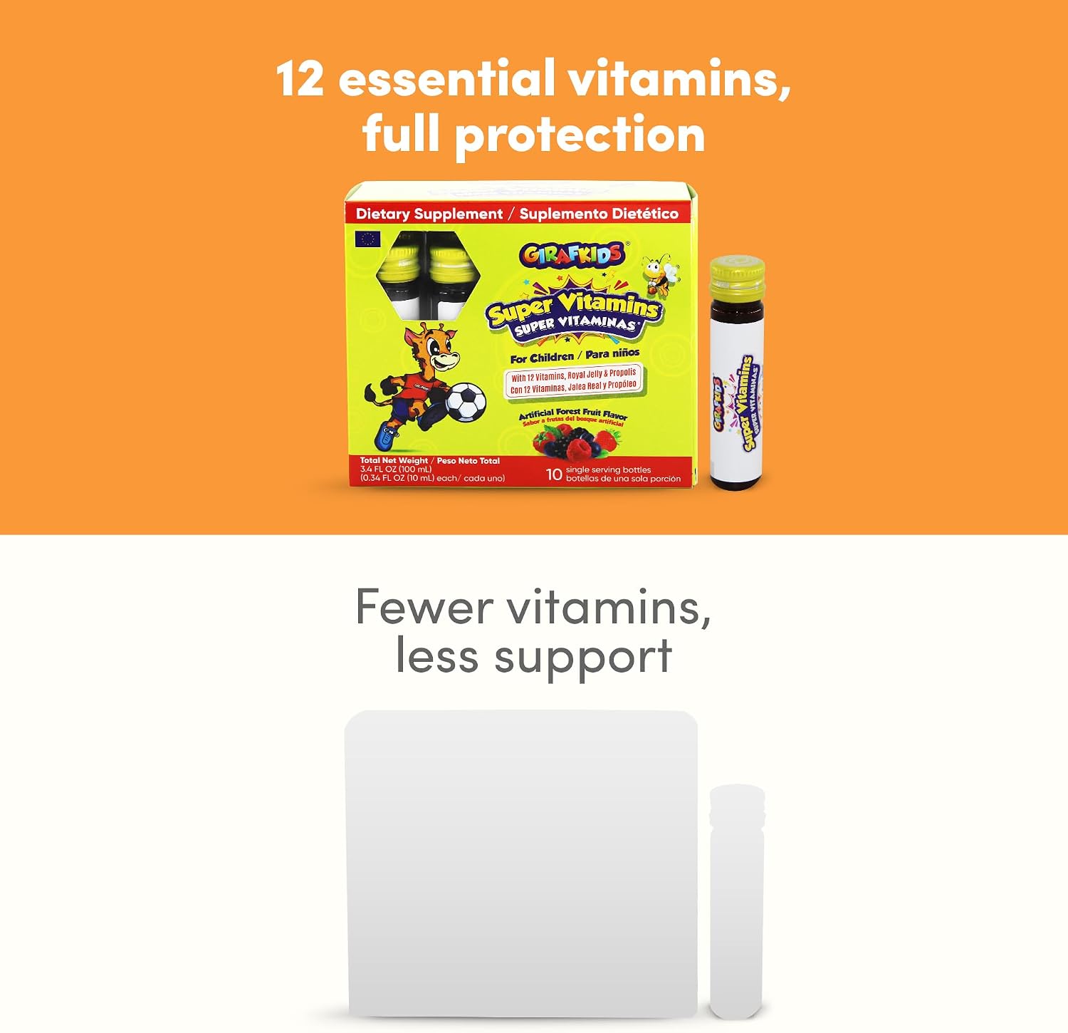 GirafKids Super Vitamins - Multivitamínico infantil con jalea real y propóleo - 10 viales sabor frutas del bosque
