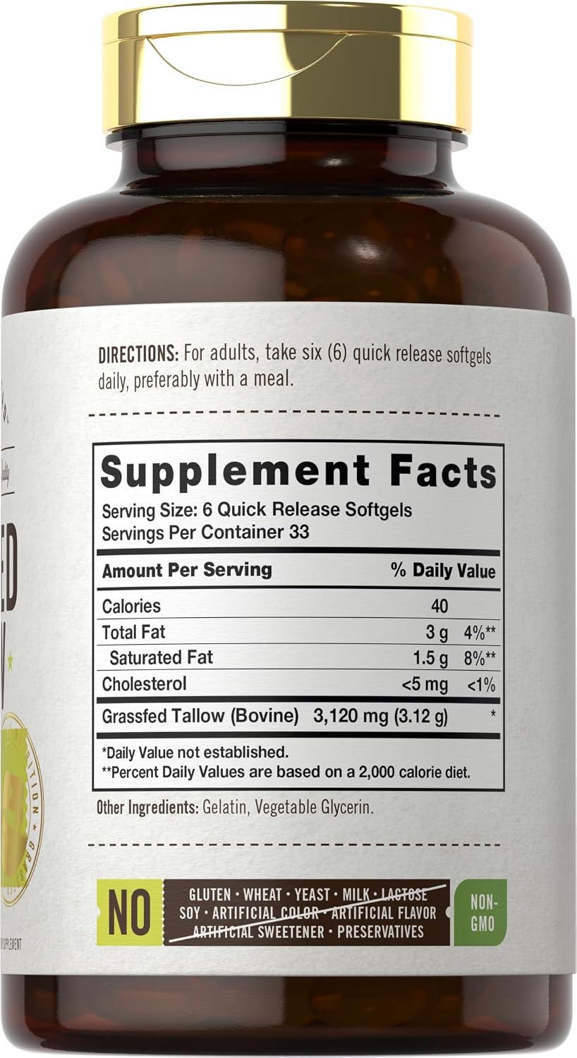 Carlyle Sebo de Res Alimentado con Pasto 3120mg | 200 Cápsulas Blandas | Suplemento Alimenticio