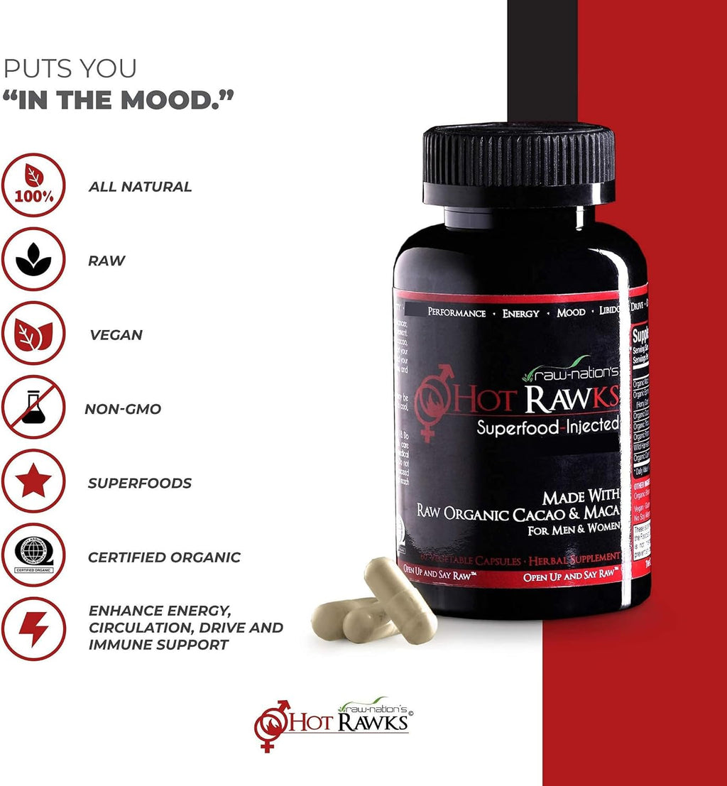 Suplemento de Raíz de Maca Orgánica con Ginseng Coreano y Cacao | 60 Cápsulas | Hot Rawks