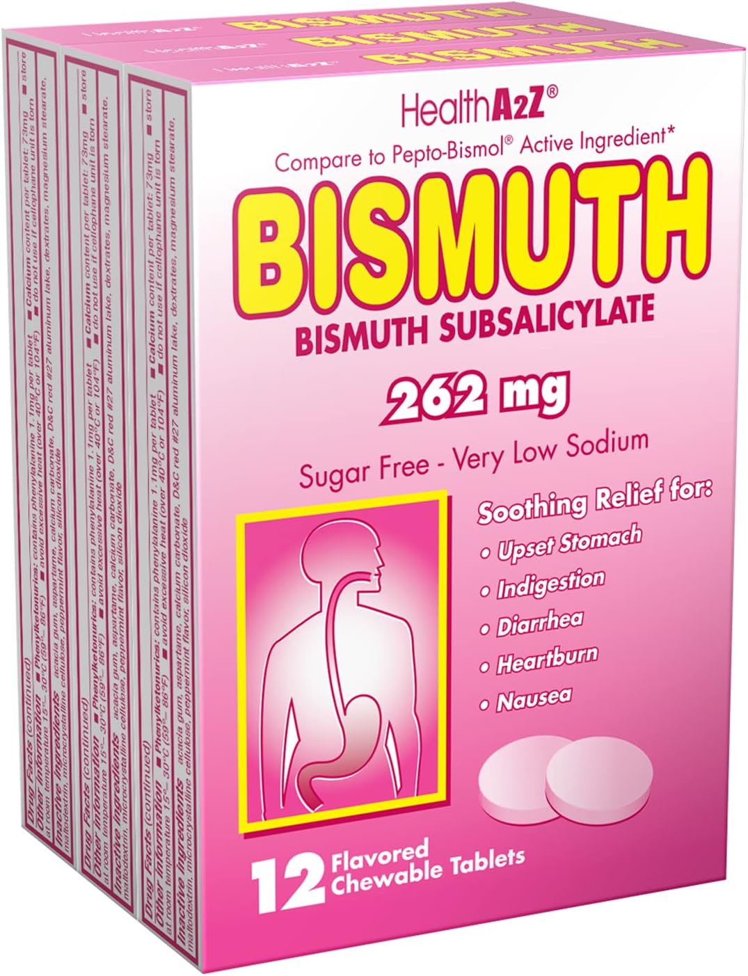 HealthA2Z® Bismuto | Subsalicilato de Bismuto 262 mg | Alivio Multisintomático | 50 Comprimidos Masticables