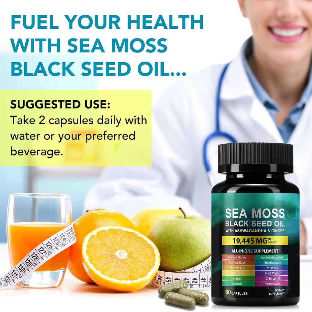 Sea Moss Black Seed Oil con Ashwagandha y Jengibre - 60 Cápsulas