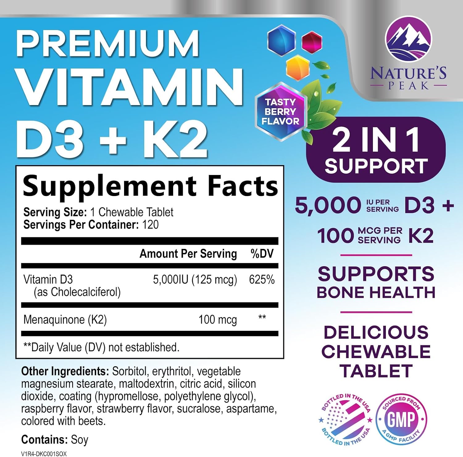 Vitamina D3 K2 5000 UI + 100 mcg MK-7 - 120 Comprimidos Masticables Sabor a Baya