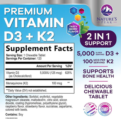 Vitamina D3 K2 5000 UI + 100 mcg MK-7 - 120 Comprimidos Masticables Sabor a Baya – Image 2