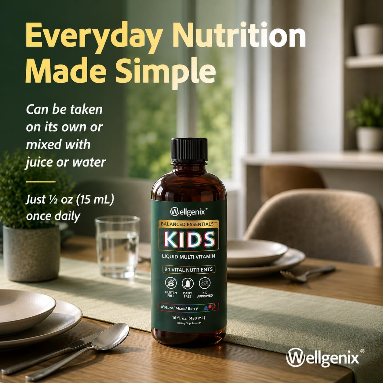 Wellgenix Balanced Essentials Kids Liquid Multivitamin - Multivitamínico Líquido Infantil con 94 Nutrientes, 473 ml