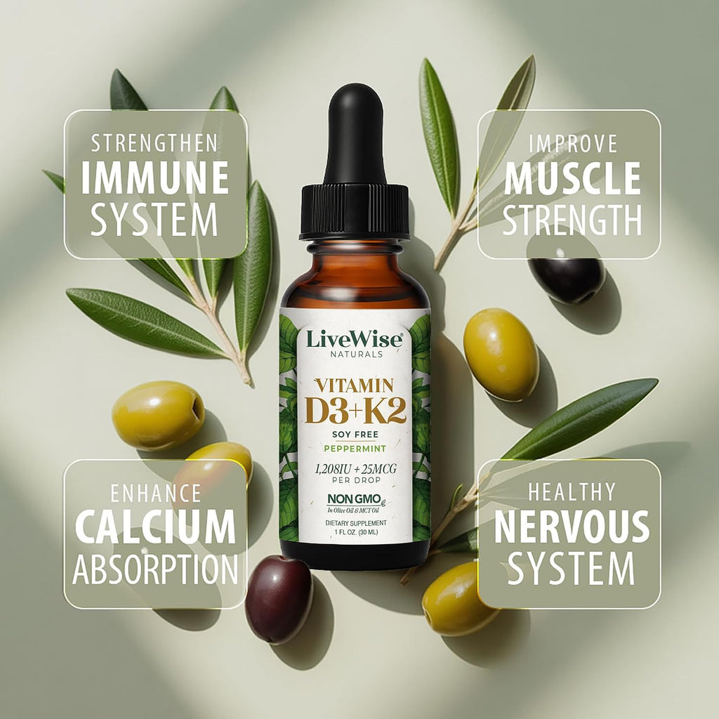 Live Wise Naturals Vitamin D3 K2 (MK-7) Mint Drops for Adults | 930 Drops, Ultra Concentrated Formula, 1208 IU, 25 MCG, Customizable Microdose Dropper, Calcium and Bone Support