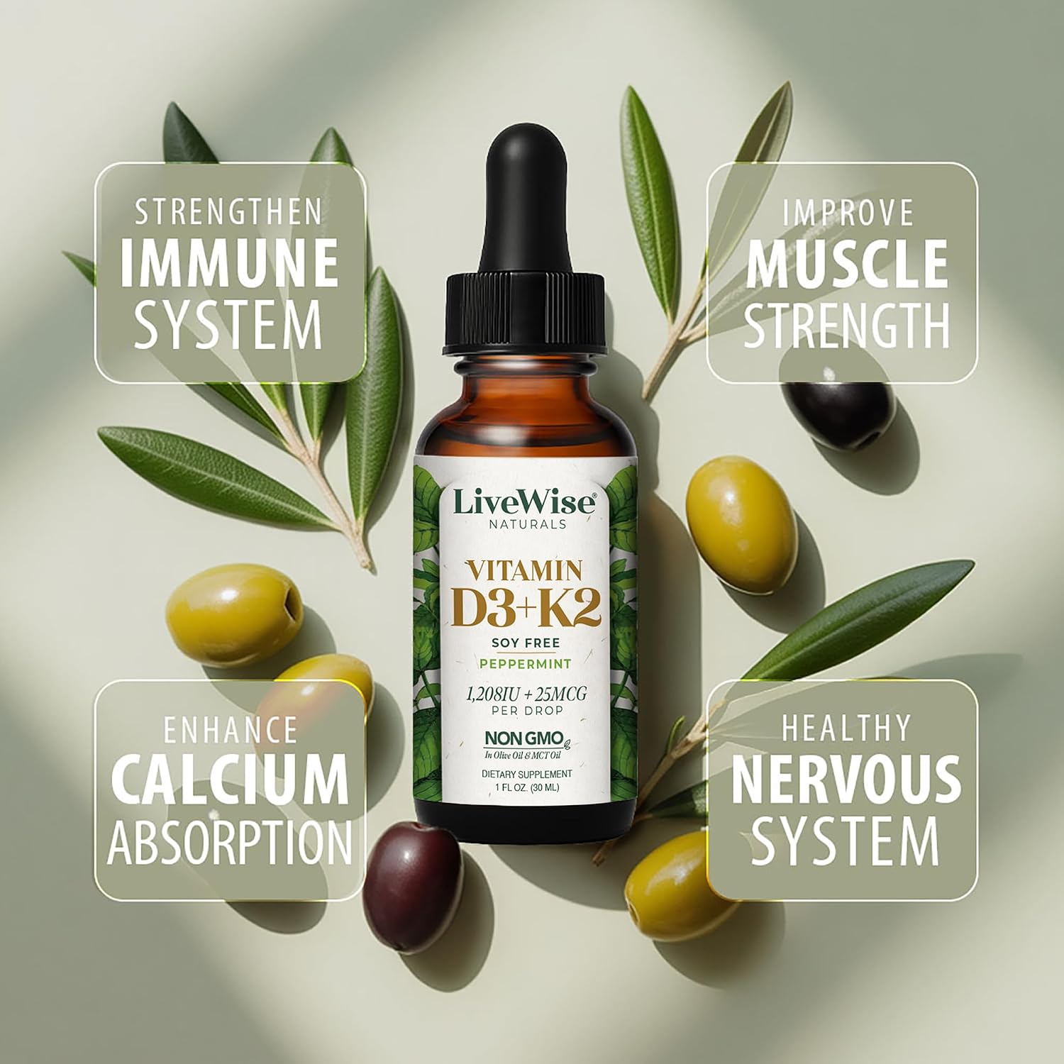 Live Wise Naturals Vitamin D3 K2 (MK-7) Mint Drops for Adults | 930 Drops, Ultra Concentrated Formula, 1208 IU, 25 MCG, Customizable Microdose Dropper, Calcium and Bone Support