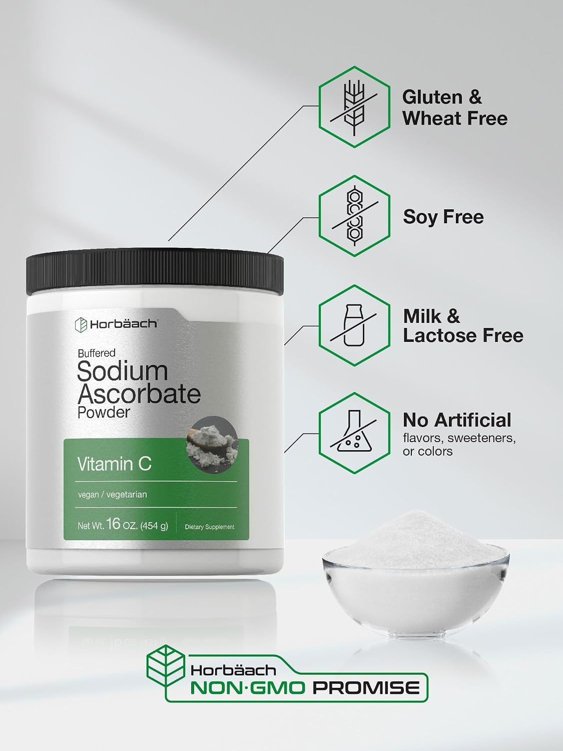 Horbäach Buffered Sodium Ascorbate Vitamin C Powder | 454 g (16 oz) | Vegano, No-GMO, Sin Gluten