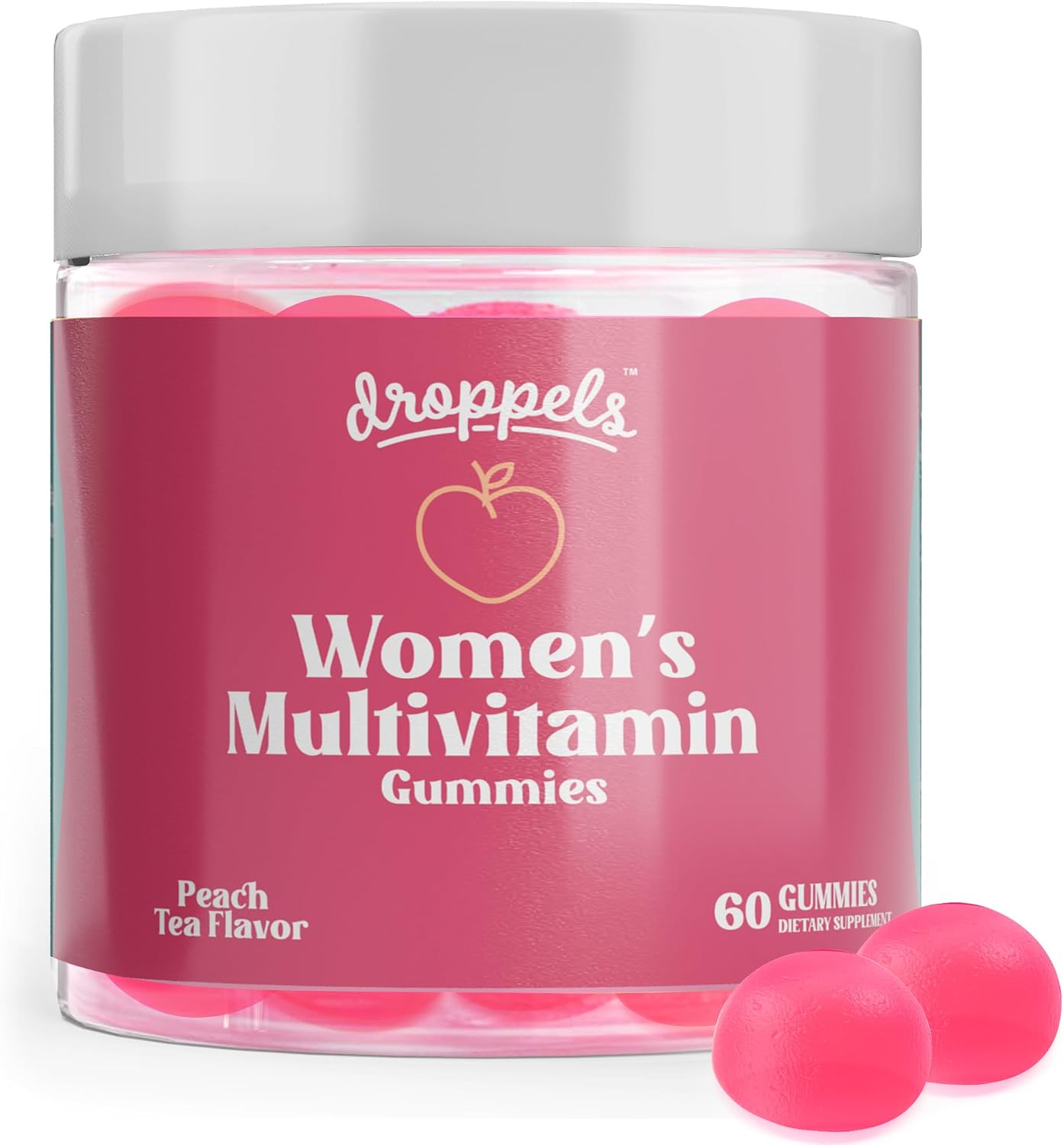 Droppels Gominolas Multivitamínicas para Mujer con Ácido Fólico, Vitaminas A, D, C, E, K, B6, B12, Biotina y Hierro - Vegano, No-GMO - 60 Gomitas Sabor Té de Melocotón