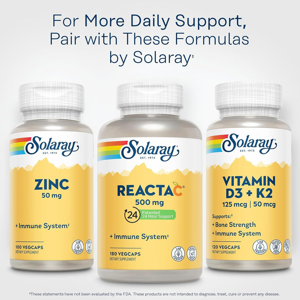 Solaray Reacta-C Vitamin C 500mg - 180 Vegan Capsules - Immune & Antioxidant Support