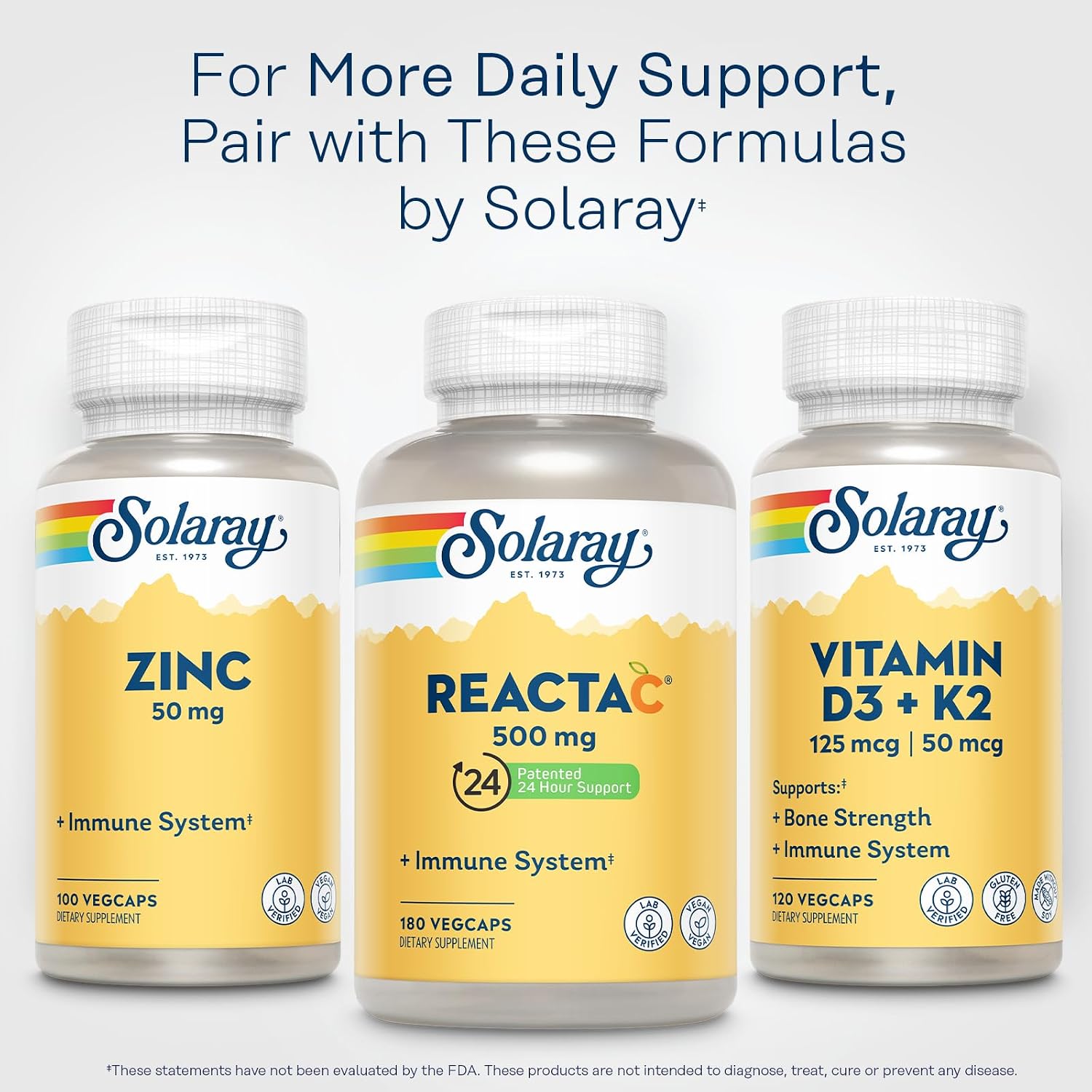 Solaray Reacta-C Vitamin C 500mg - 180 Vegan Capsules - Immune & Antioxidant Support