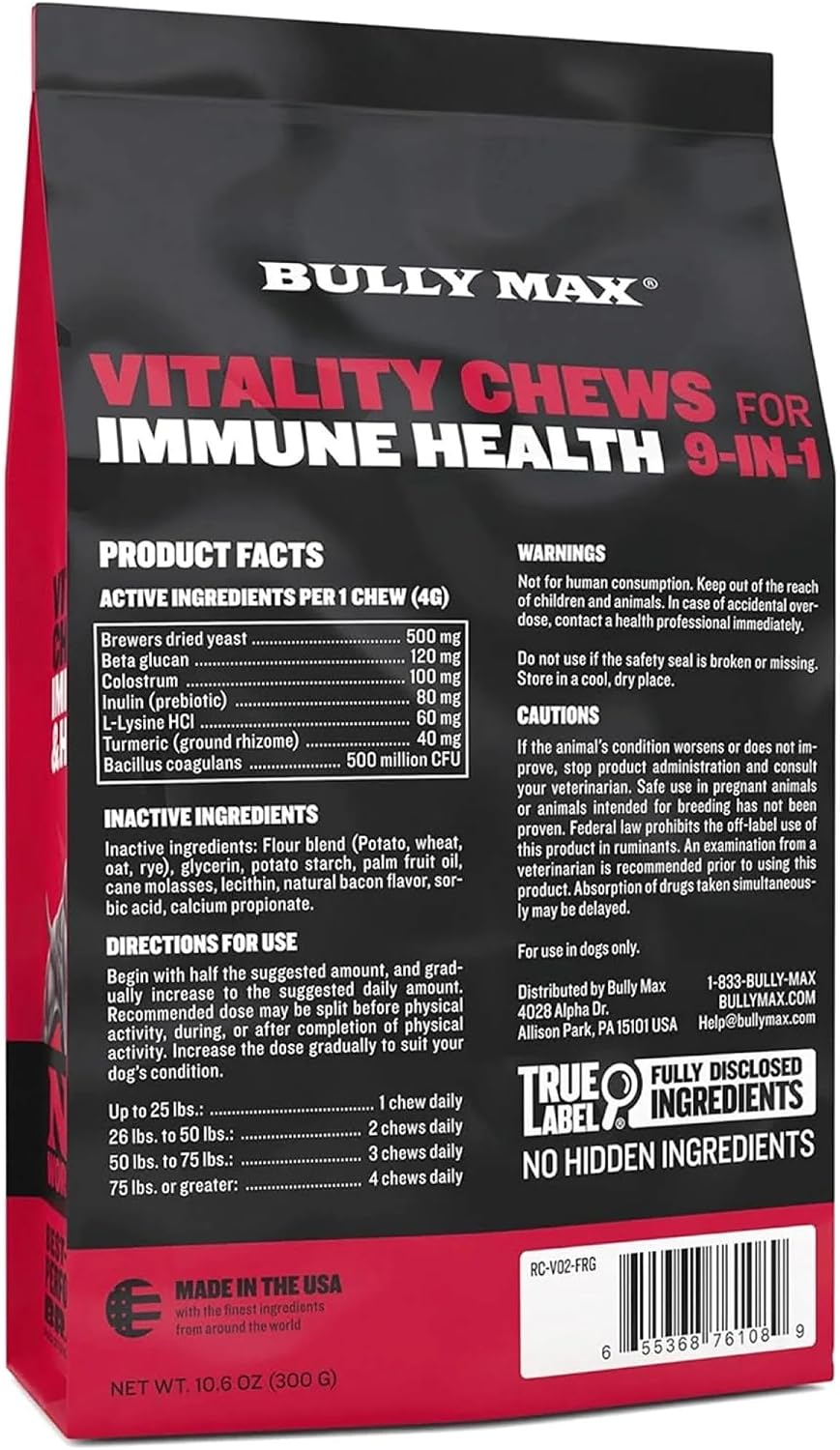 Bully Max Multivitamínico 9-en-1 para Perros, 75 Masticables Blandos - Suplemento con Glucosamina, Probióticos y Omega-3
