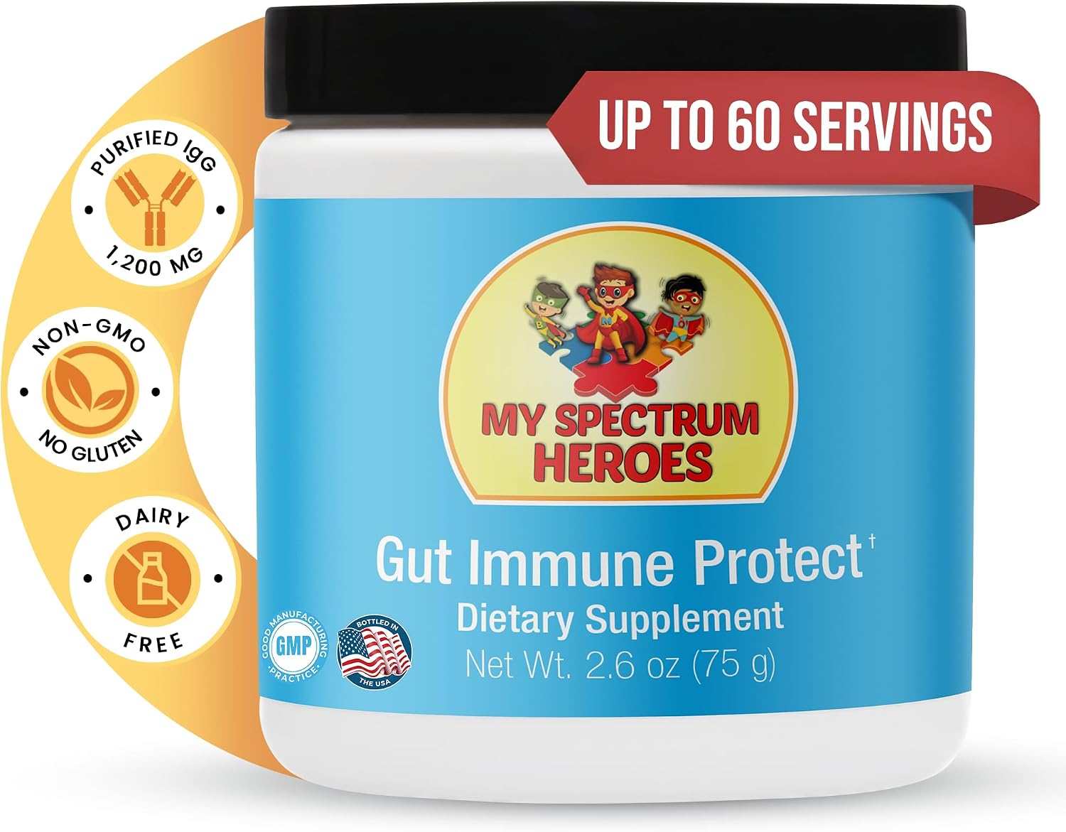 My Spectrum Heroes - Potenciador Intestinal e Inmunológico Infantil, 1200 mg IgG, 60 dosis