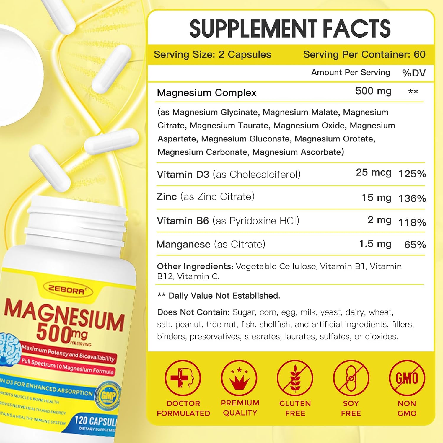 ZEBORA Complejo de Magnesio 10 en 1 - 500mg con Glicinato, Citrato y Malato + Vitamina D3 y Zinc - 120 Cápsulas