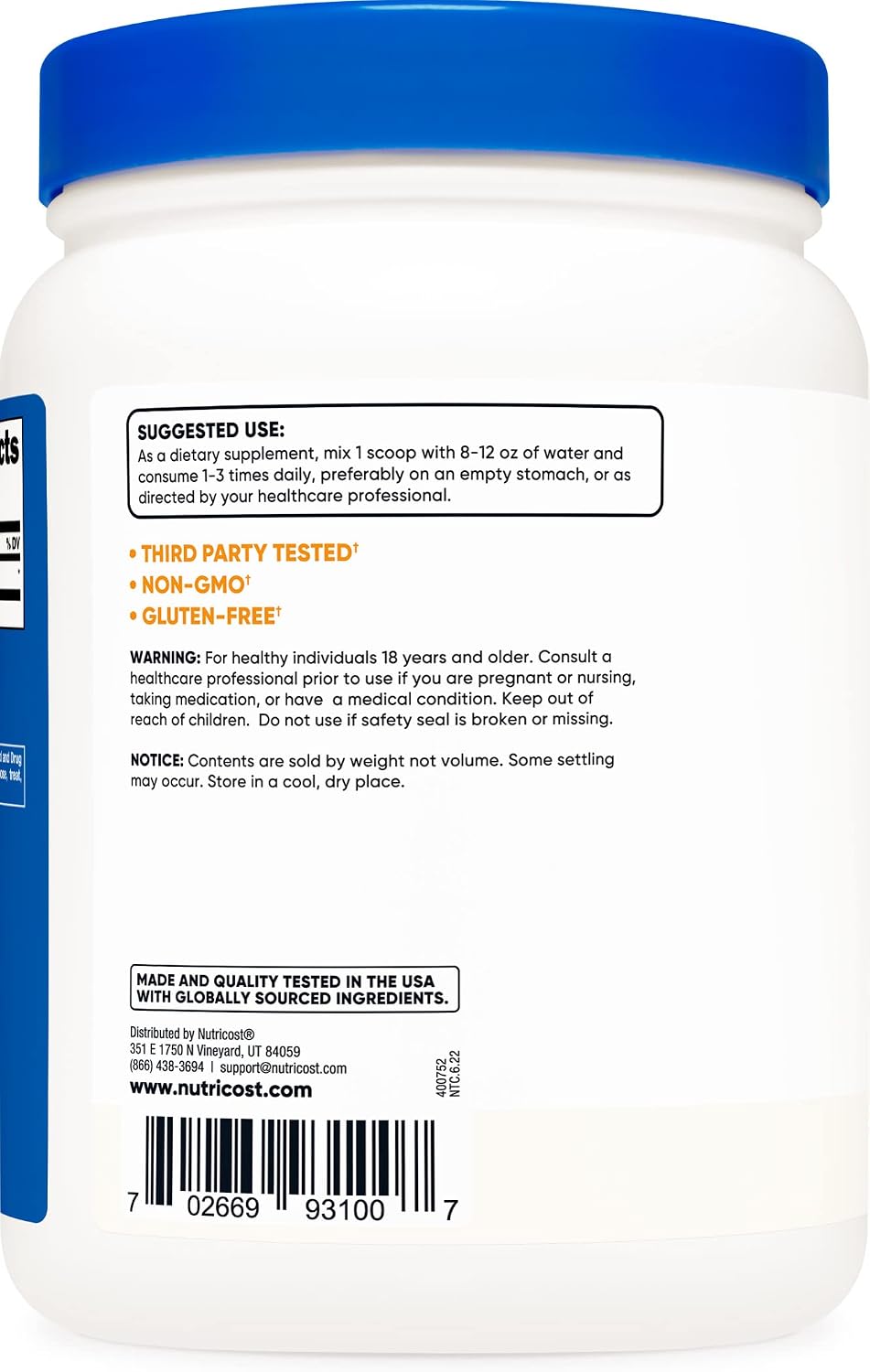 Nutricost Pure GABA (Ácido Gamma-Aminobutírico) en Polvo - 500 g (2 Paquetes)