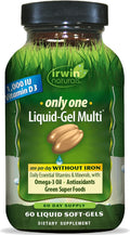 Irwin Naturals Only One Liquid-Gel Multi - 60 Soft-Gel Capsules - Iron-Free Multivitamin with Essential Vitamins, Minerals, Antioxidants, Omega-3, and Green Superfoods