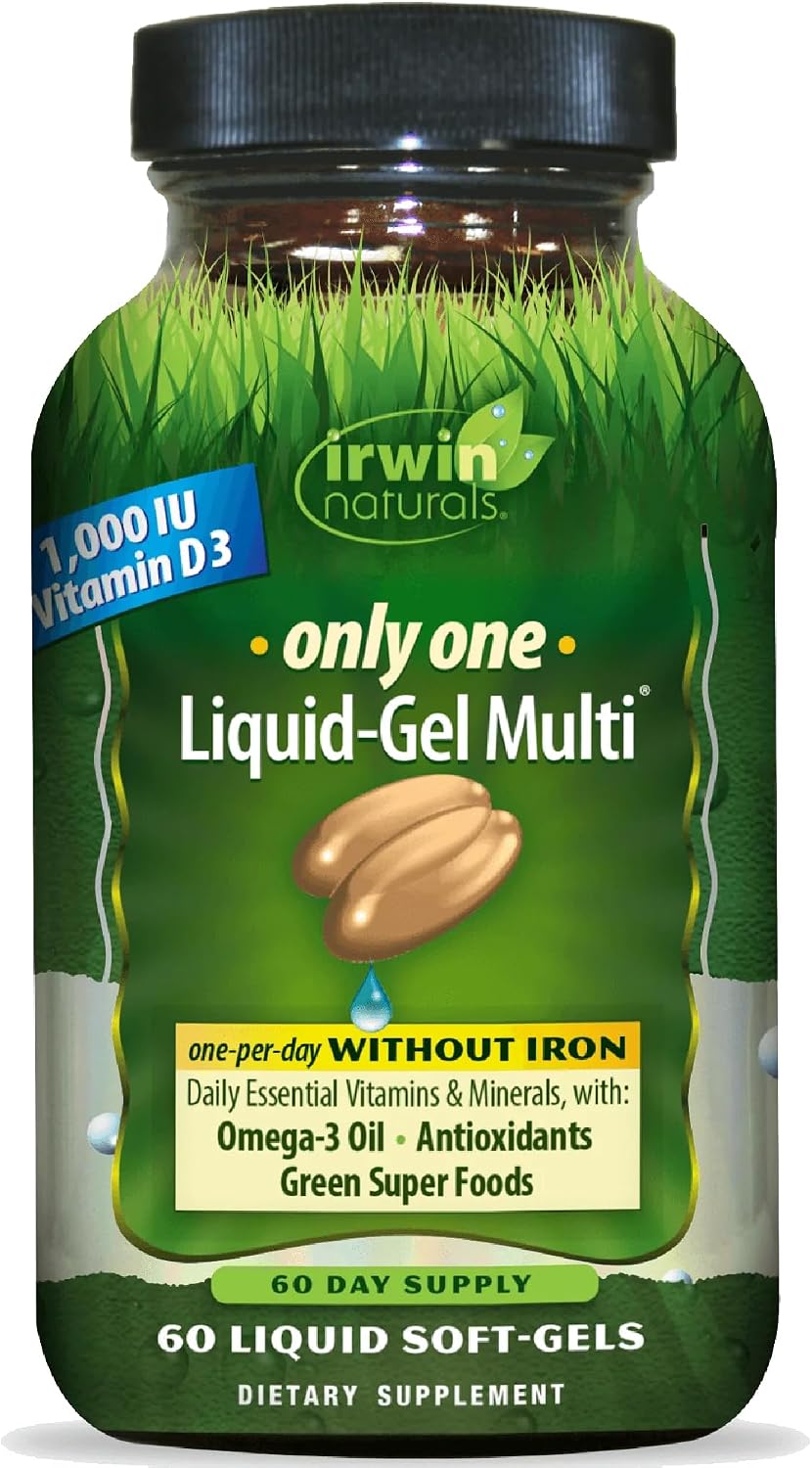 Irwin Naturals Only One Liquid-Gel Multi - 60 Soft-Gel Capsules - Iron-Free Multivitamin with Essential Vitamins, Minerals, Antioxidants, Omega-3, and Green Superfoods