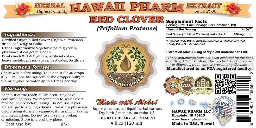 HawaiiPharm Red Clover (Trifolium Pratense) Liquid Extract, 118 ml