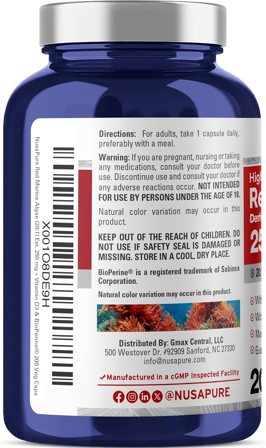 NusaPure Alga Roja Marina Cápsulas, 250 mg, 200 Cápsulas Veganas (Sin Soja, No Transgénico)