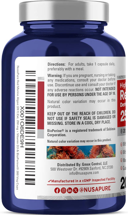NusaPure Alga Roja Marina Cápsulas, 250 mg, 200 Cápsulas Veganas (Sin Soja, No Transgénico) – Image 3