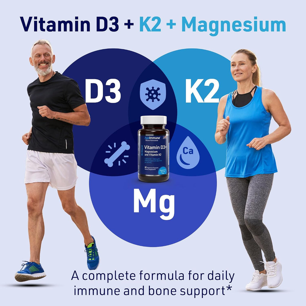 AgeImmune Brilliant D3+ Complex - 60 Cápsulas - 5000 UI Vitamina D3 + K2 + Magnesio Glicinato - Formulado por Médicos para Apoyo Óseo e Inmunitario - Sin Estearatos ni Dióxidos