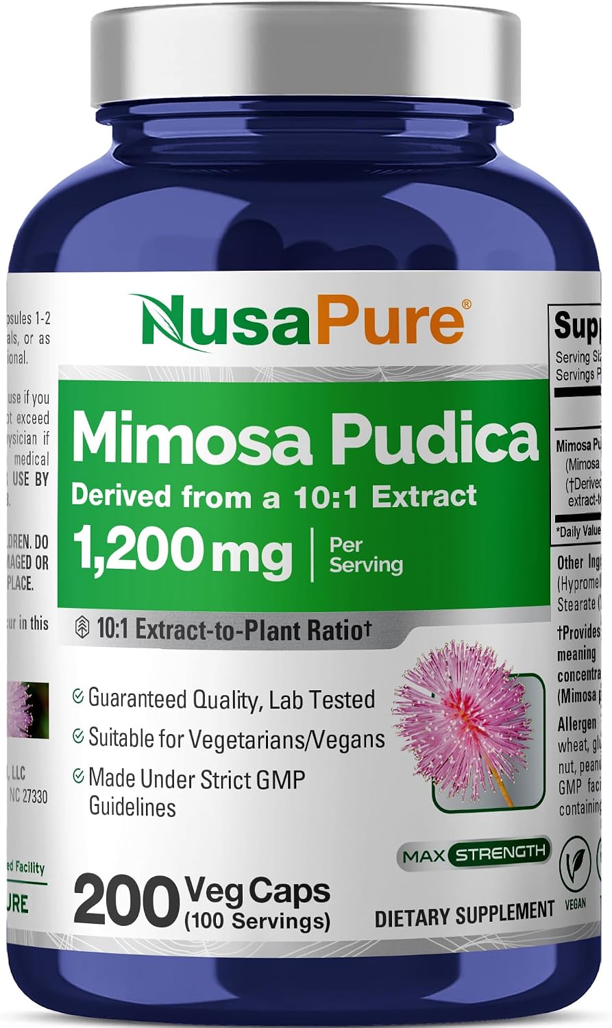 NusaPure Mimosa Pudica Cápsulas, 1200 mg, 200 Cápsulas Veganas (No Transgénico, Vegano)