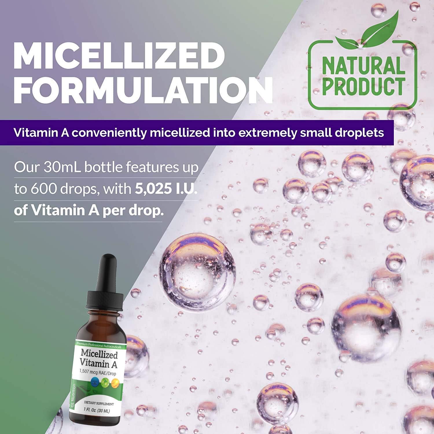 Micellized Vitamin A Drops - Liquid Supplement with Palmitate and Beta-Carotene - 1507 mcg RAE (5025 IU) per drop - 30 ml