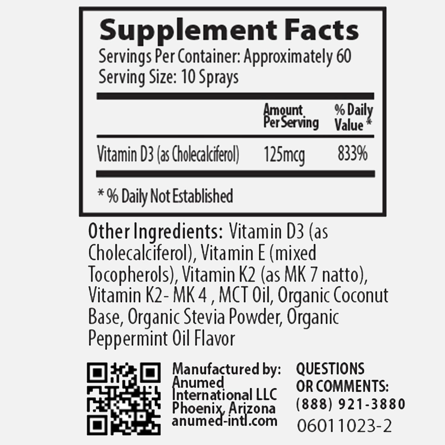 Spray Líquido de Vitamina D3 K2 5000 IU con Vitamina A (Retinol) y MCT Orgánico - Sabor Menta - 100% Vegano, Sin OGM, Sin Azúcar (60 ml)