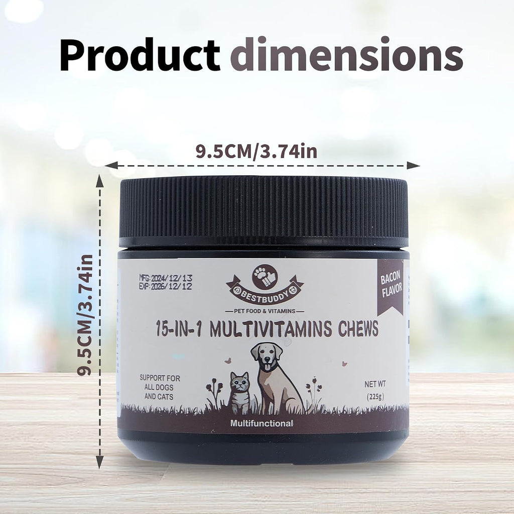 Best Buddy Multivitamin 15-en-1 Snacks para Perros y Gatos, Suplemento Completo para la Salud con Apoyo Articular + Enzimas Digestivas, Vitaminas y Suplementos para Perros sin Cereales para Piel y Pelaje (Tocino/Cerdo, 225g)