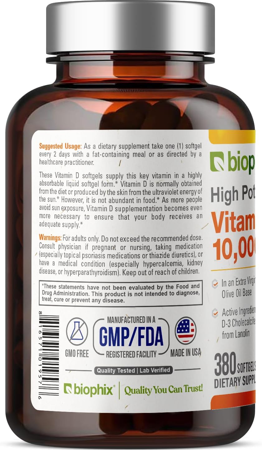 biophix Vitamin D3 10000 IU 380 Softgels - High Potency with Extra Virgin Olive Oil, Non-GMO, Soy-Free