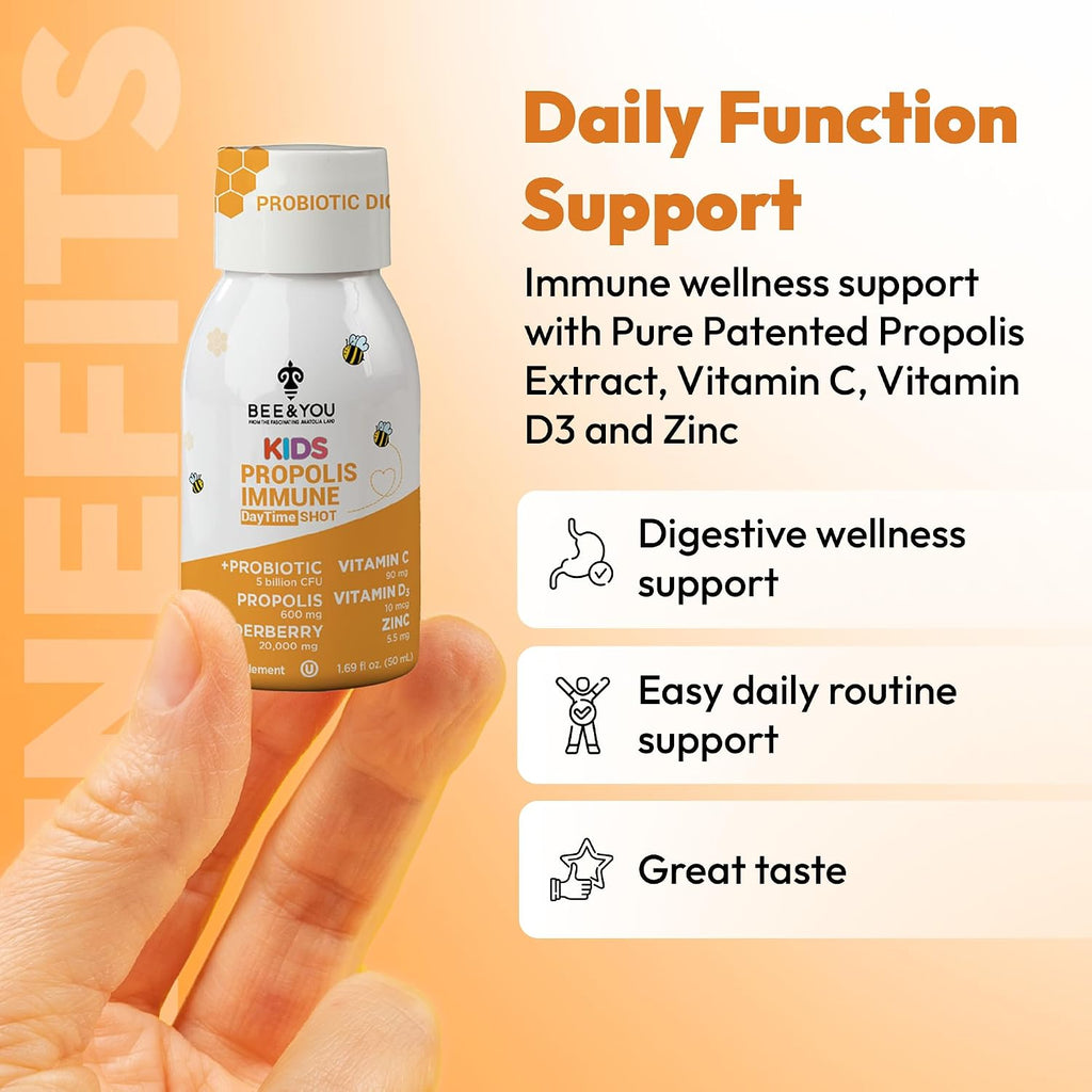 Bee and You Kids Propolis Immune Day Time Shot - Probiótico, Vitamina C, D3, Zinc, Apoyo Inmunitario y Digestivo, 1.69 fl oz, Pack de 12