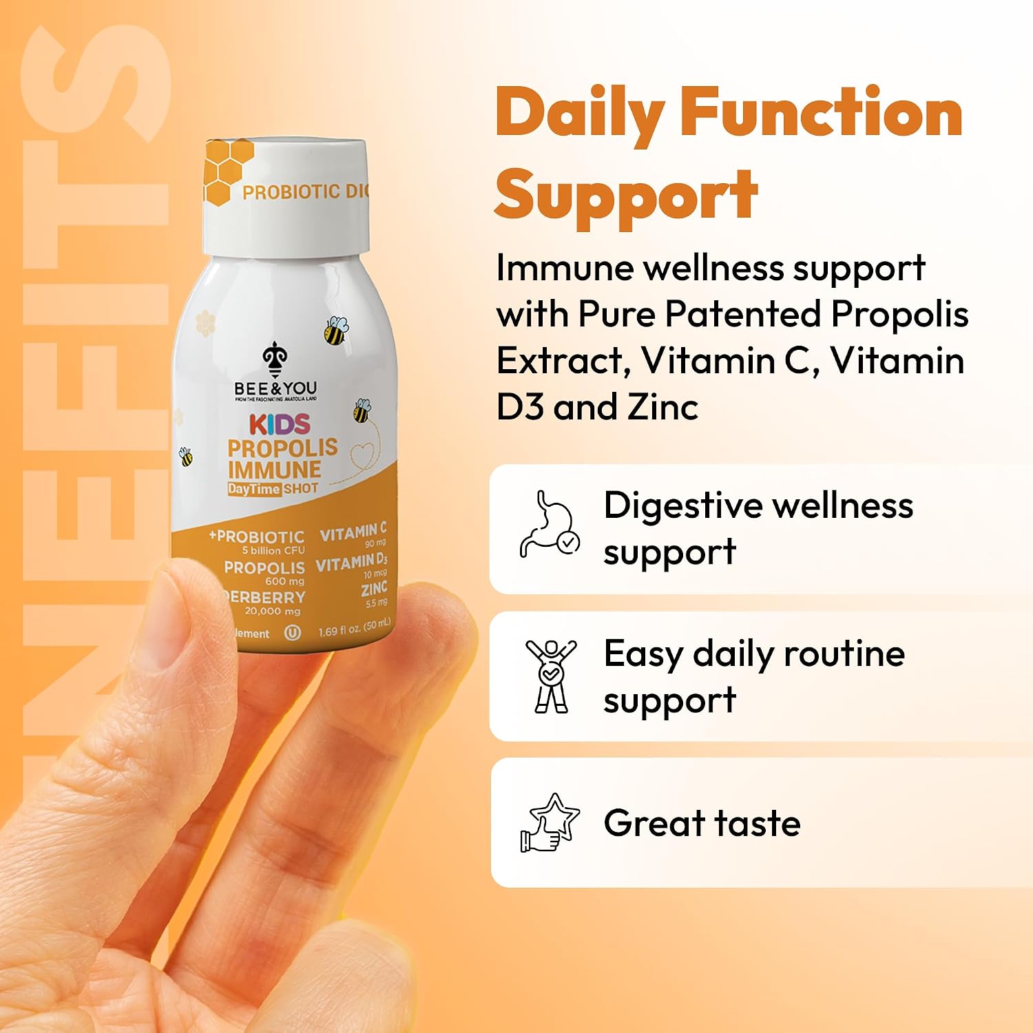 Bee and You Kids Propolis Immune Day Time Shot - Probiótico, Vitamina C, D3, Zinc, Apoyo Inmunitario y Digestivo, 1.69 fl oz, Pack de 12