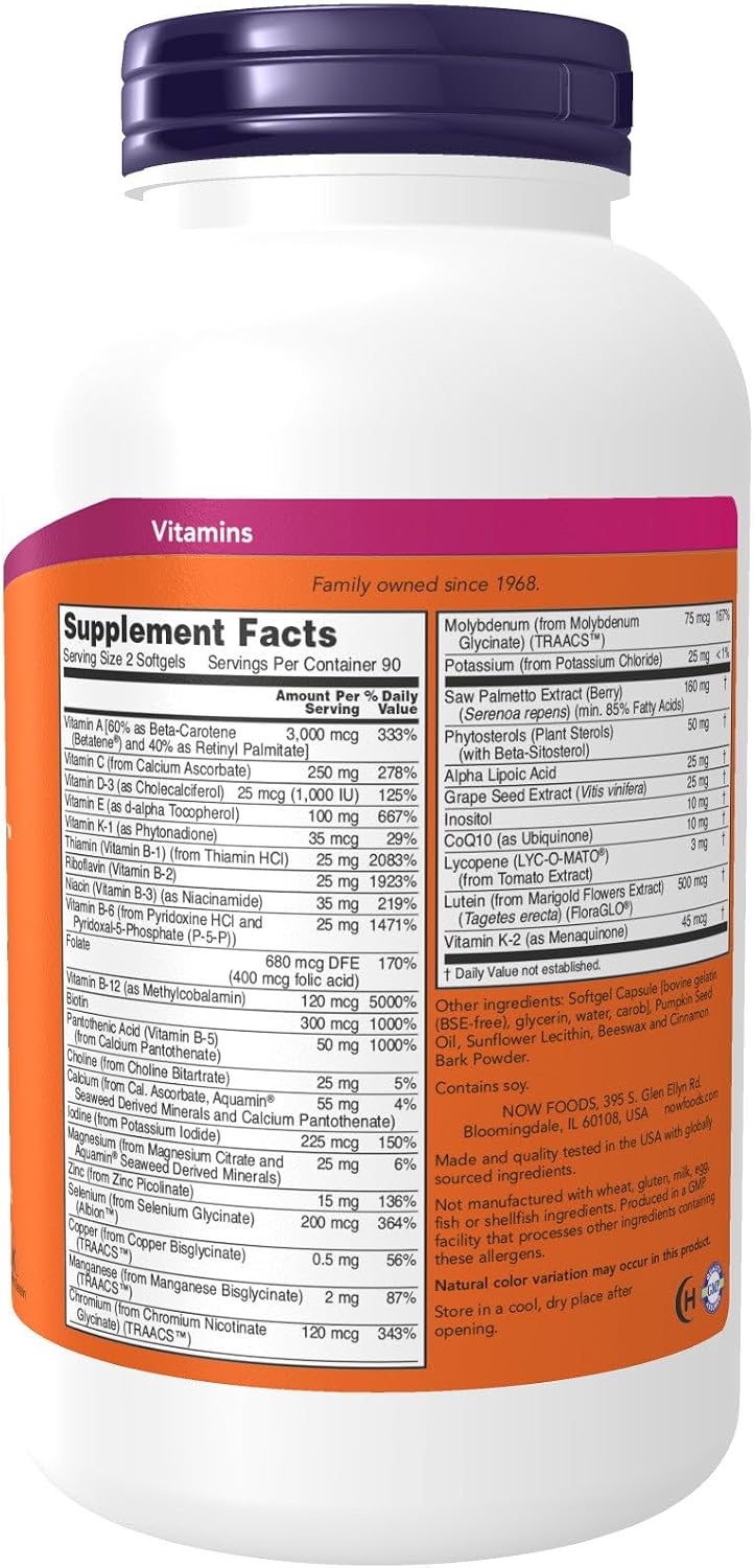 NOW Foods ADAM Suplemento multivitamínico superior para hombres, 180 cápsulas blandas
