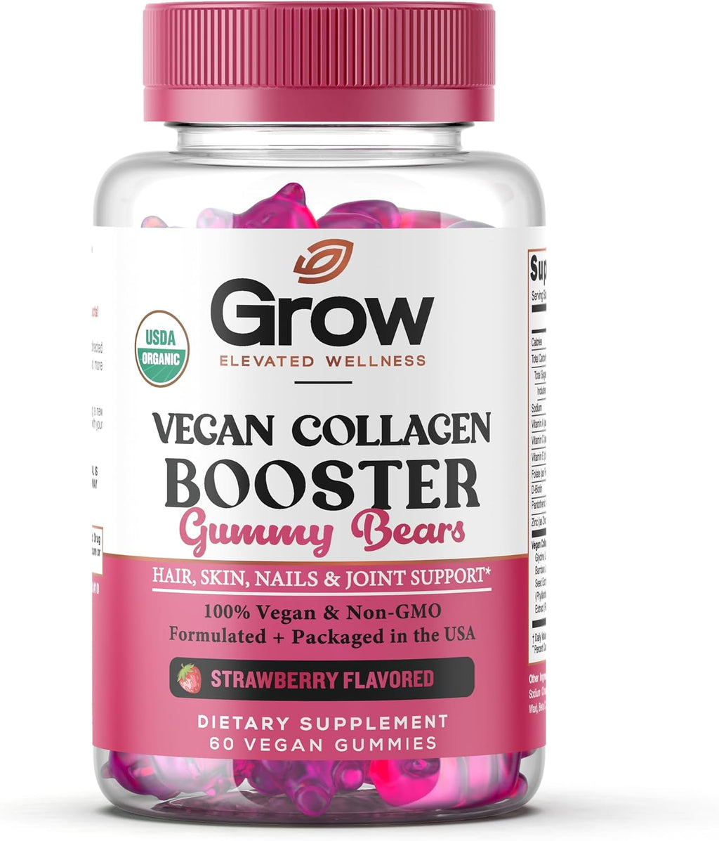 grow vitamin Collagen Booster Gummy Bears – Gominolas Veganas de Biotina para Piel, Cabello y Uñas – Sabor Fresa – 60 Gominolas