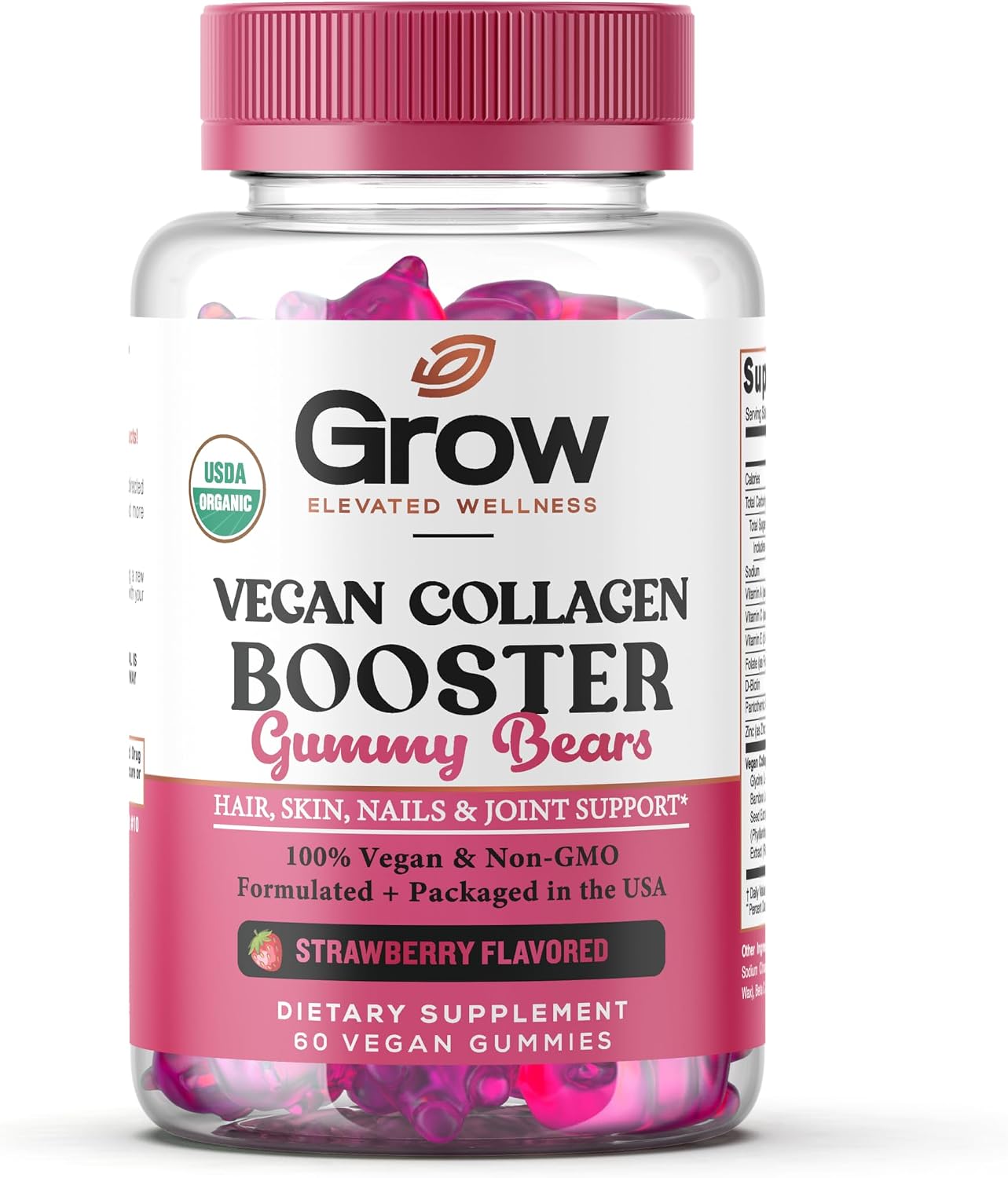 grow vitamin Collagen Booster Gummy Bears – Gominolas Veganas de Biotina para Piel, Cabello y Uñas – Sabor Fresa – 60 Gominolas