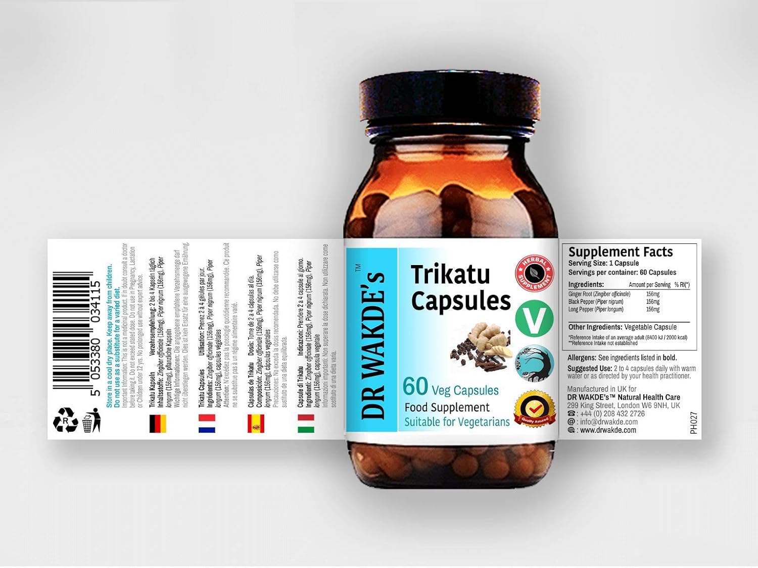DR WAKDE'S Trikatu Capsules (60 Vegetarian Capsules, Ayurvedic Supplement, Natural, Vegan)