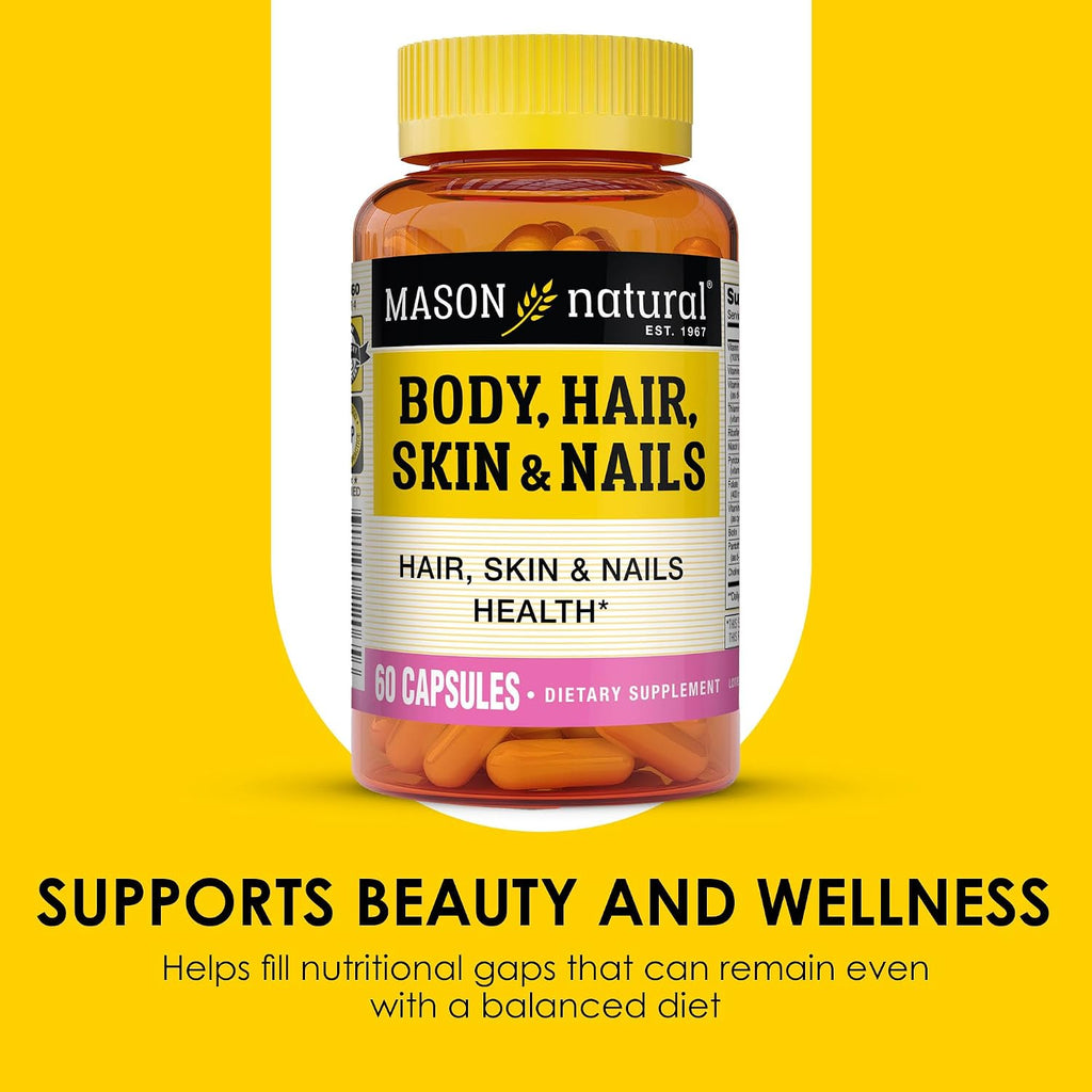 MASON NATURAL Suplemento Premium para Cabello, Piel y Uñas con Biotina y Vitaminas A, C, E y Complejo B, 60 Cápsulas