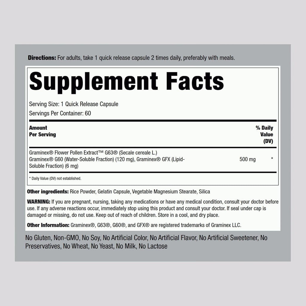 Piping Rock Extracto de polen de flor Graminex | 500 mg | 60 cápsulas | Suplemento para hombres y mujeres | Sin OMG, Sin gluten