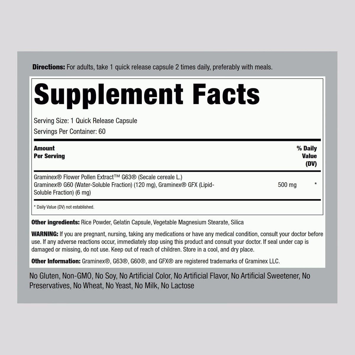 Piping Rock Graminex Flower Pollen Extract | 500mg | 60 Cápsulas | Suplemento para Hombres y Mujeres | No Transgénico, Sin – Image 2