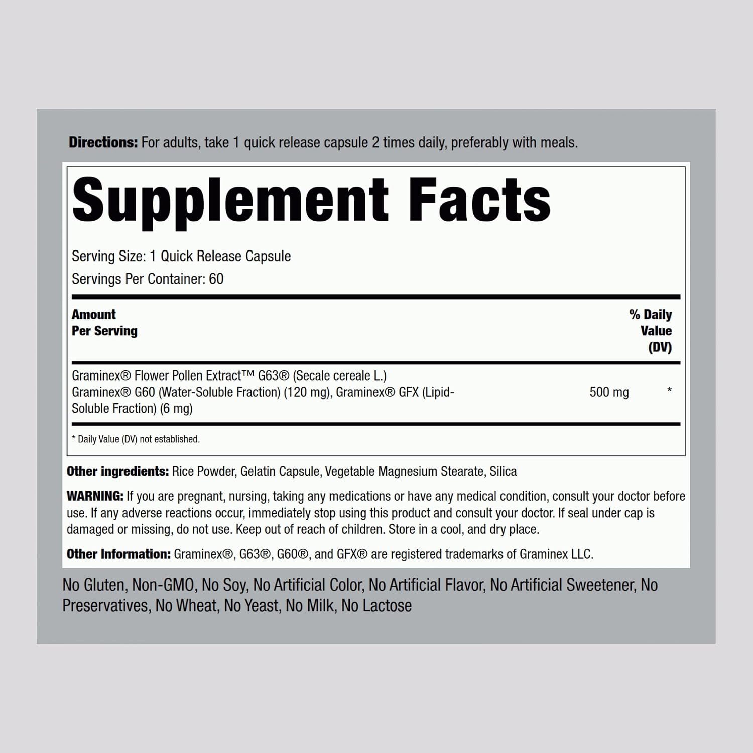 Piping Rock Extracto de polen de flor Graminex | 500 mg | 60 cápsulas | Suplemento para hombres y mujeres | Sin OMG, Sin gluten