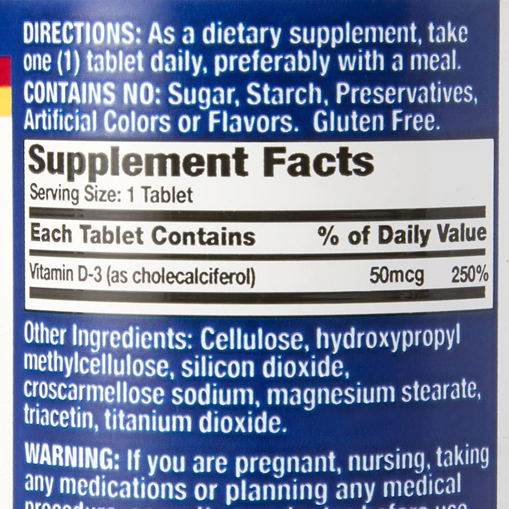 Vitamina D-3 Natural 2000 UI - 200 Comprimidos Recubiertos, Paquete de 2