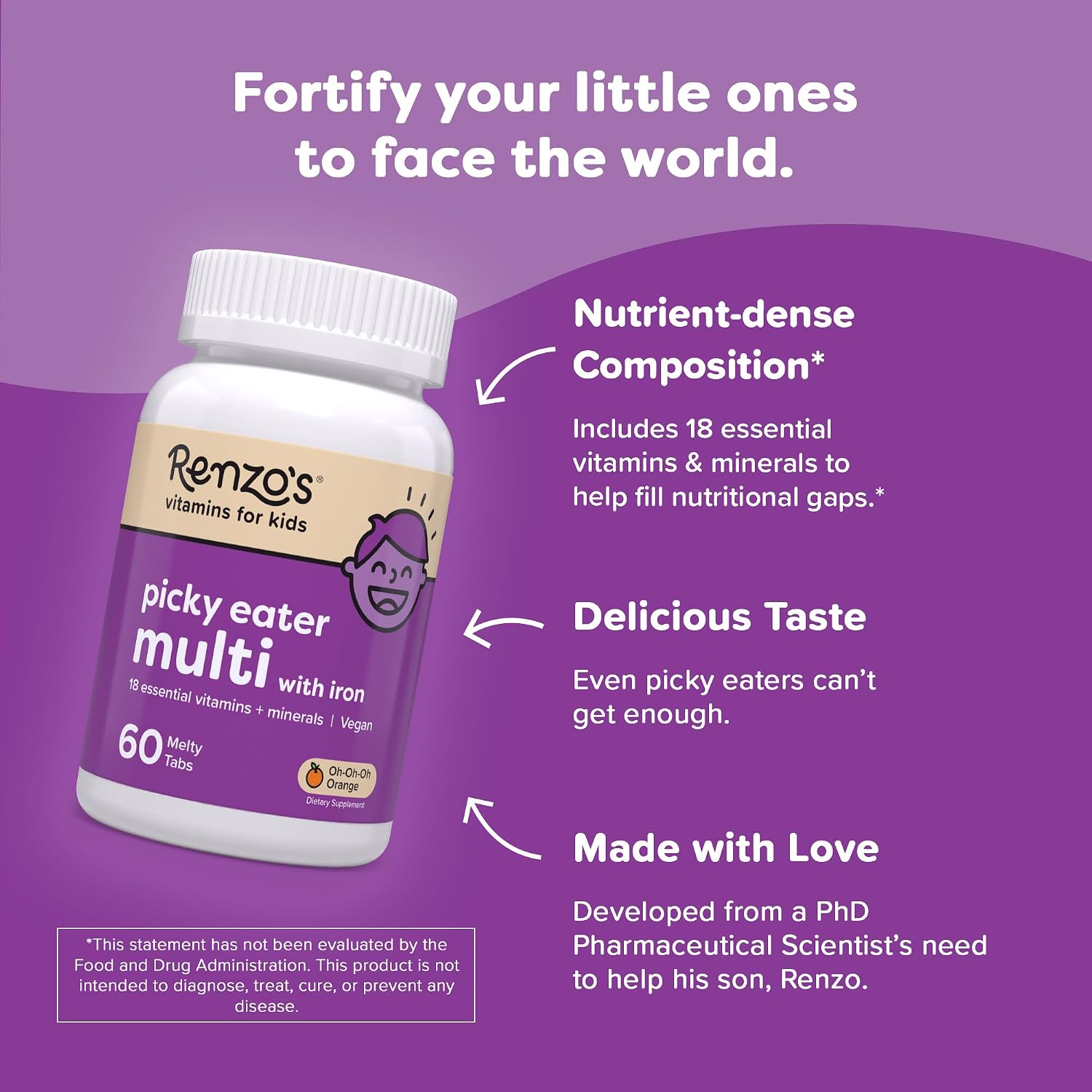 Renzo's Multivitamínico Infantil con Hierro - Comprimidos Disolubles Sabor Naranja, 60 uds.