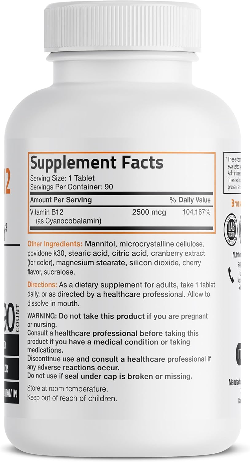 Bronson Vitamina B12 2500mcg, 90 Comprimidos Masticables Sabor Cereza - Sublingual de Rápida Absorción