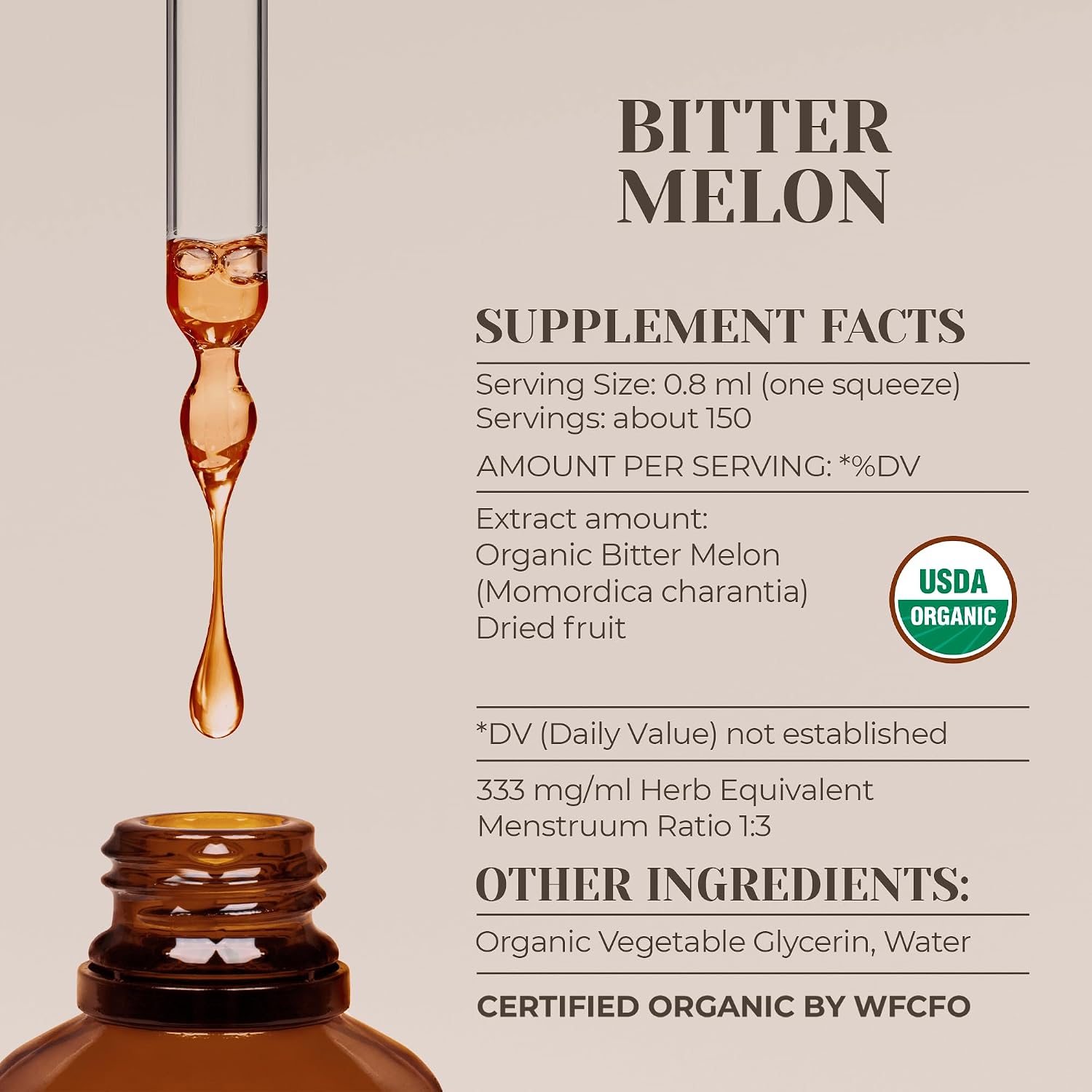 Melón Amargo Orgánico USDA - Extracto Sin Alcohol, Suplemento, Gotas Herbales Orgánicas | Tintura Hecha de Fruto Seco de Melón Amargo (Momordica Charantia) 100% Orgánico Certificado - 118 ml
